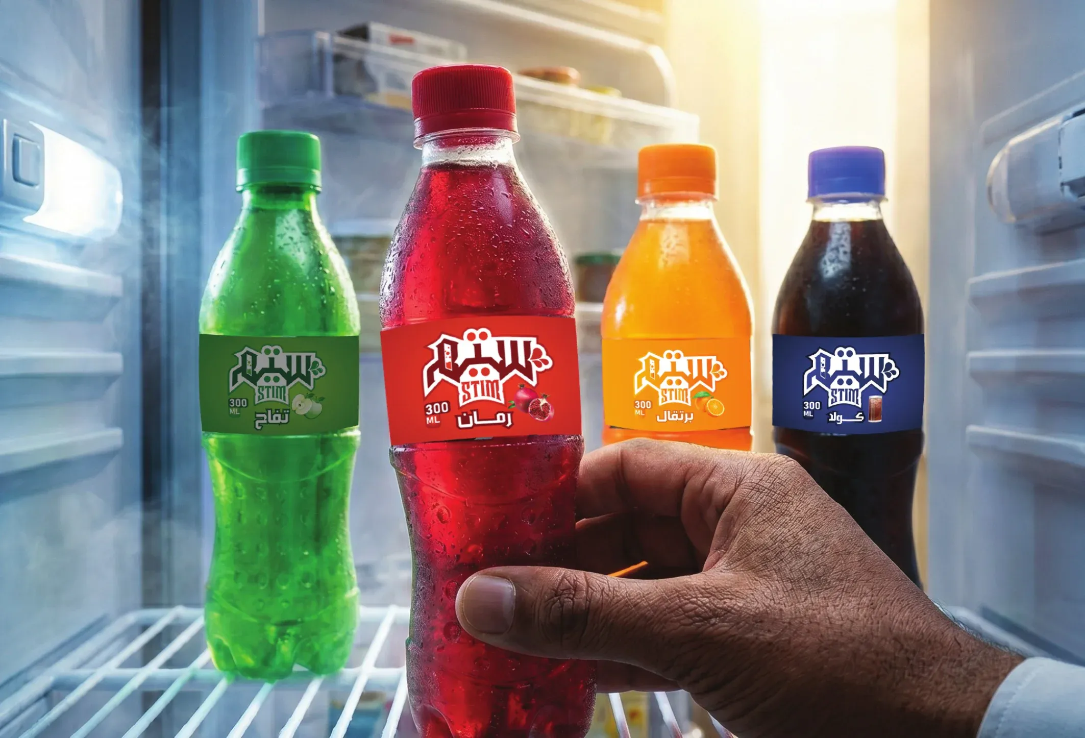 A shopper selecting a chilled Stim bottle from a refrigerator