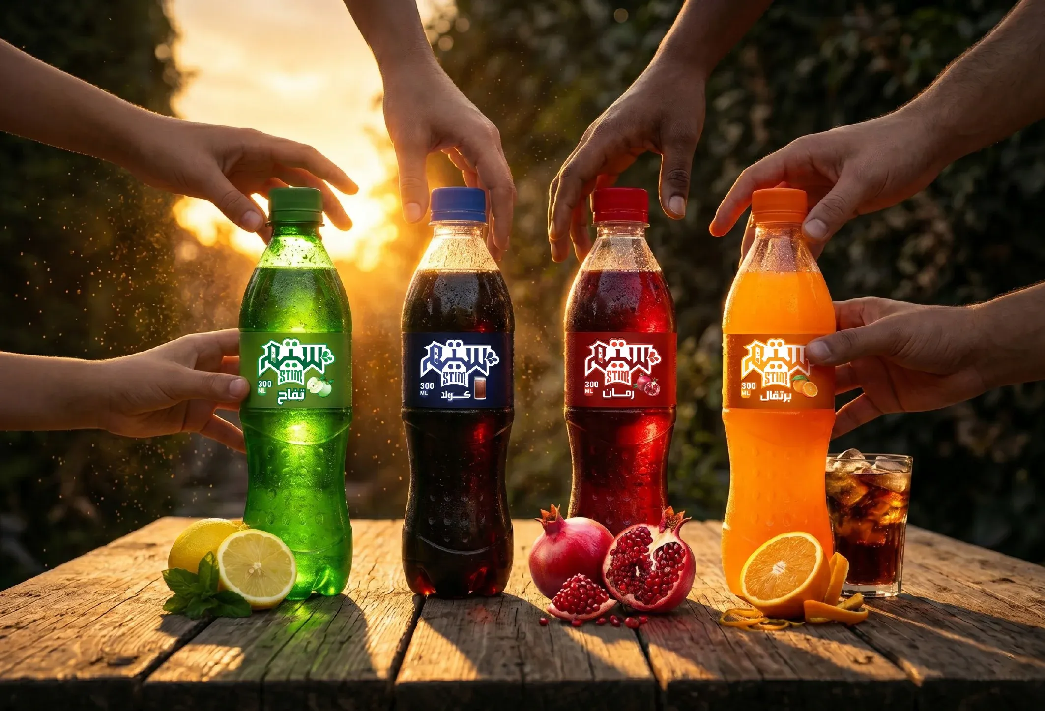 Friends reaching for chilled Stim bottles outdoors